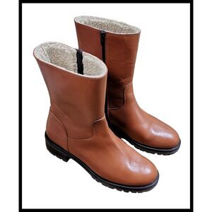 NEW LAMICA Leather Mid Calf Boots Sherpa Lined Zipper Lug Sole Orange Brown 39